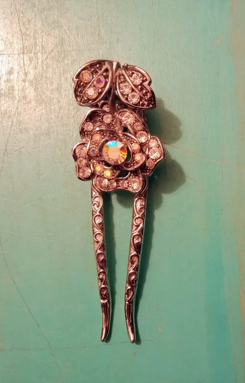 Vintage Bronze Tone Rhinestone Rose Hair Fork Stick Pin Two Prong Chignon Clip